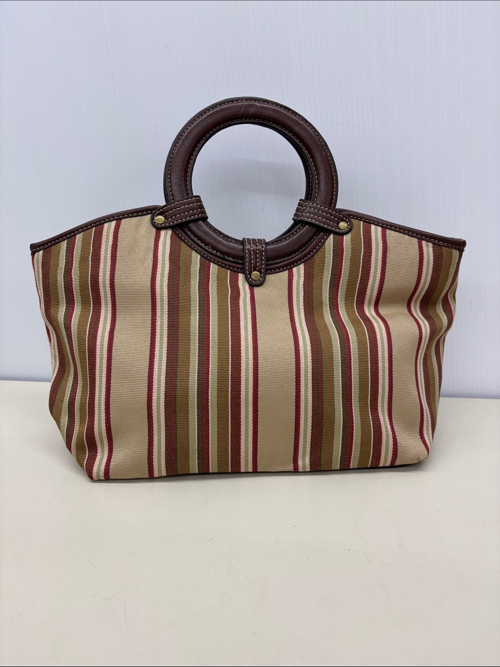 croft & barrow Beige Canvas Tote with Brown Handles and Red Stripes